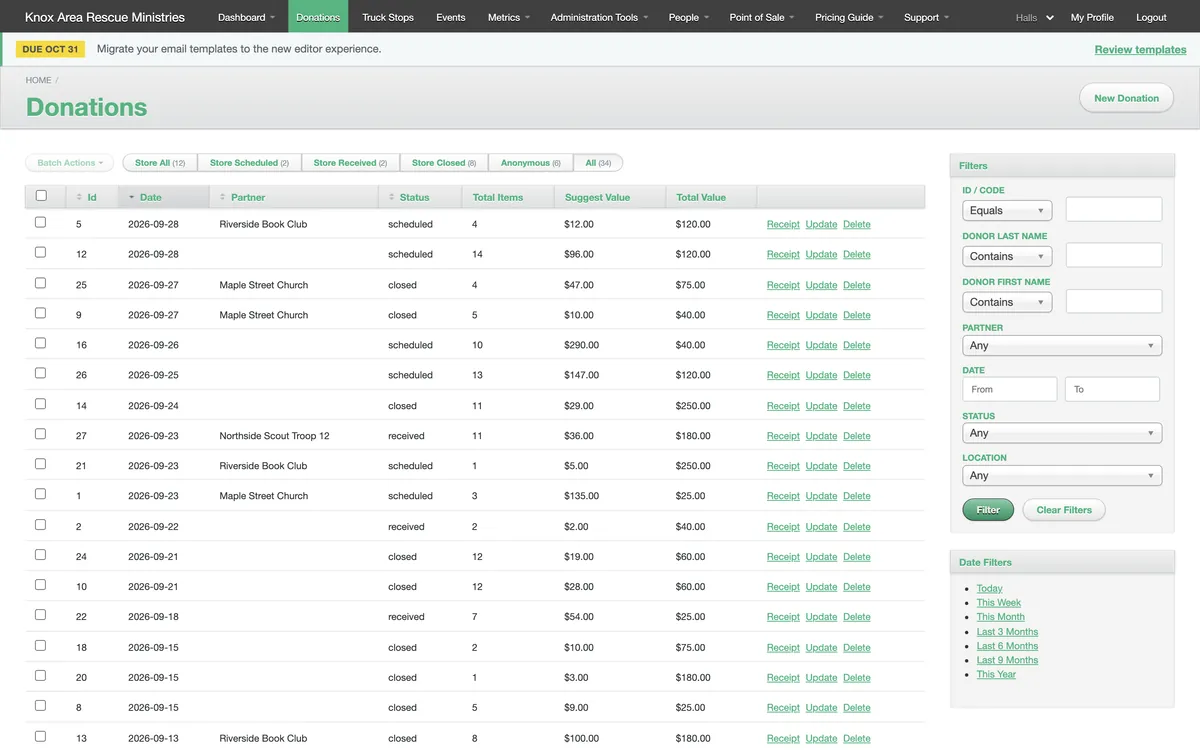 The Donations list in ThriftTrac&rsquo;s admin, on demo data: the newest donations first, each with its date, partner, status, item count, suggested value and total value, beside filters by donor, partner, date, status and store.