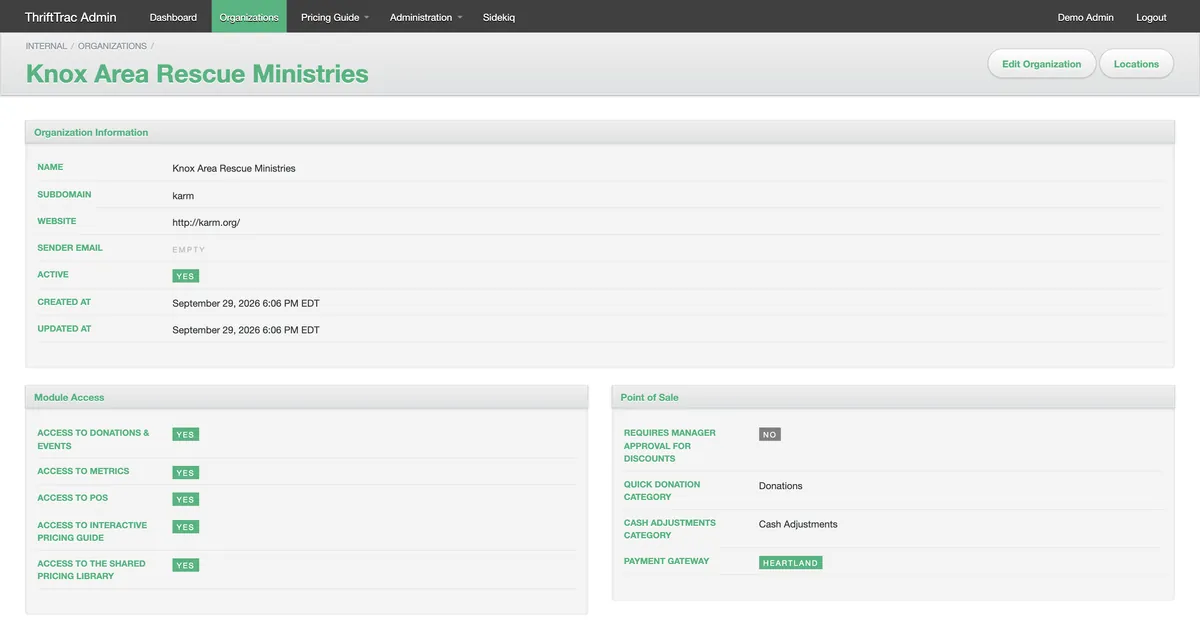 An organization in ThriftTrac&rsquo;s internal admin, on demo data: its name, subdomain and website, then Module Access, with donations and events, metrics, the point of sale, the Pricing Guide and the shared pricing library each switched on, and its point of sale settings.