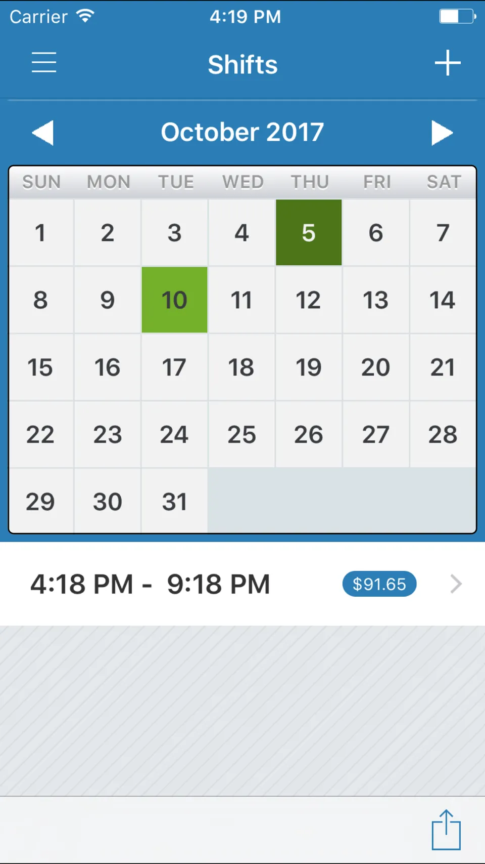Tip Counter’s Shifts screen for October 2017: a calendar with the 5th and the 10th marked in green, and under it a shift from 4:18 PM to 9:18 PM worth $91.65.
