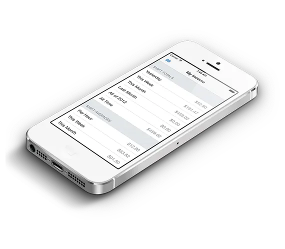 Tip Counter on an iPhone 5, from its website: the My Income screen, with shift totals and averages.