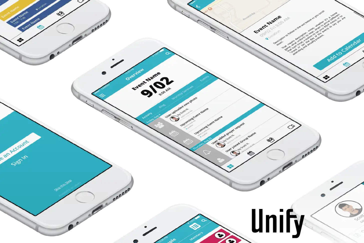 Several phones showing Unify app screens, including an event overview with an activity feed, a sign-in screen and an event detail