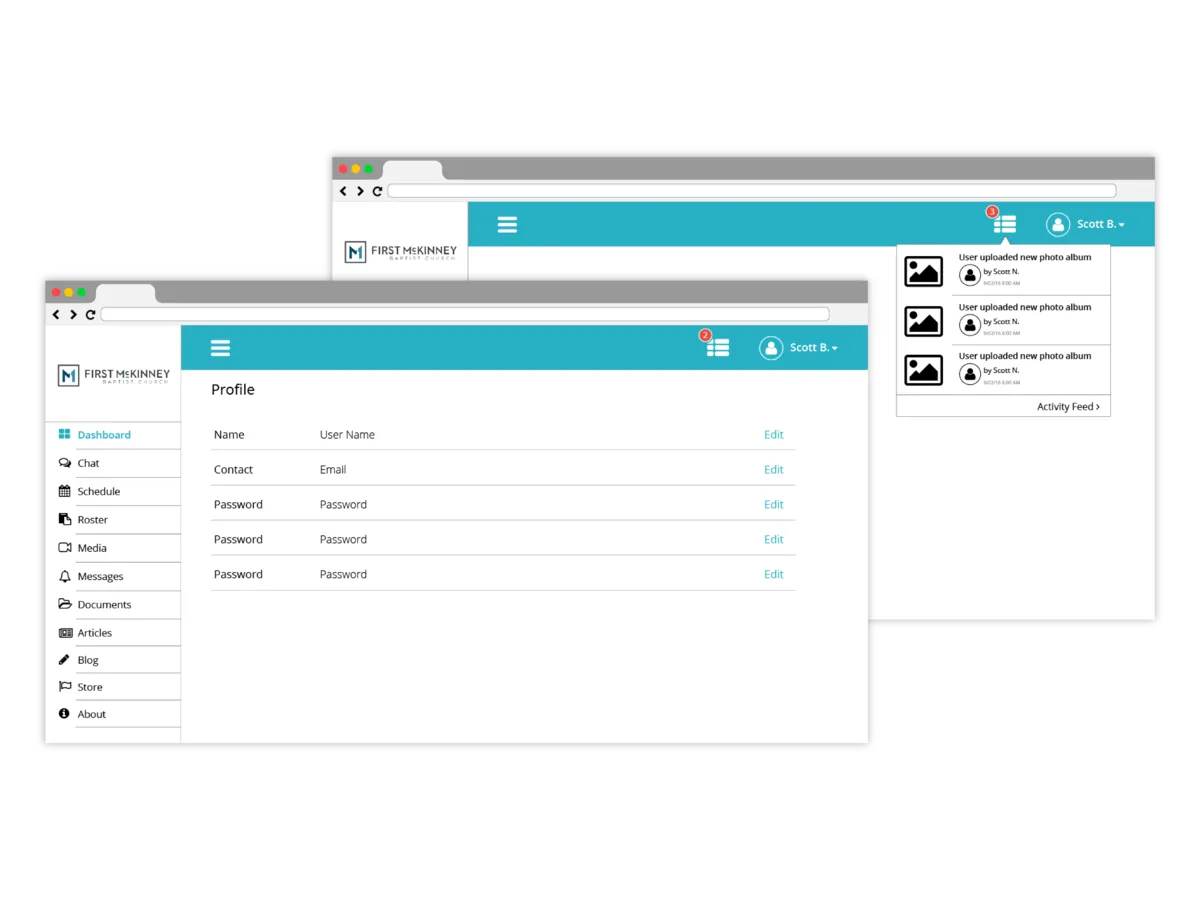 Two browser windows of the Unify web tool for First McKinney Baptist Church: a profile page with a sidebar menu, and an activity feed