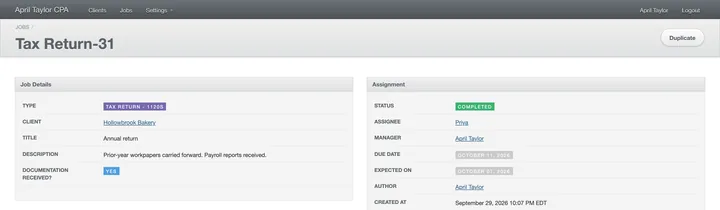 The top of the return's page, Completed: the only button left is Duplicate.