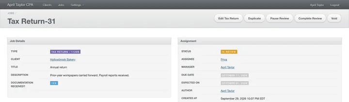 The top of the return's page, In Review: the buttons are Edit Tax Return, Duplicate, Pause Review, Complete Review and Void.