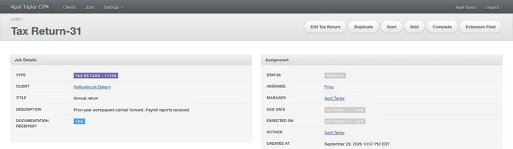 The top of the return's page on demo data, Pending: the buttons are Edit Tax Return, Duplicate, Start, Void, Complete and Extension Filed.
