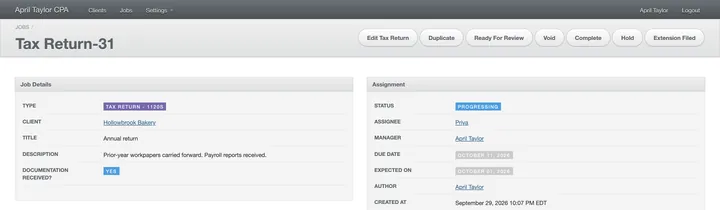 The top of the return's page, Progressing: the buttons now include Ready For Review, Hold and Extension Filed.