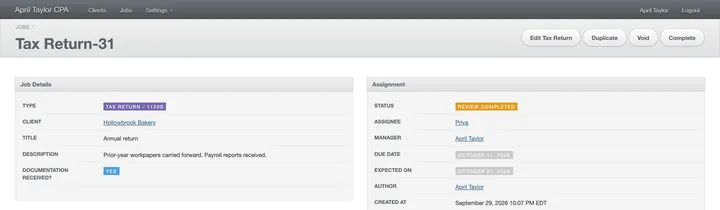 The top of the return's page, Review Completed: the buttons are Edit Tax Return, Duplicate, Void and Complete.