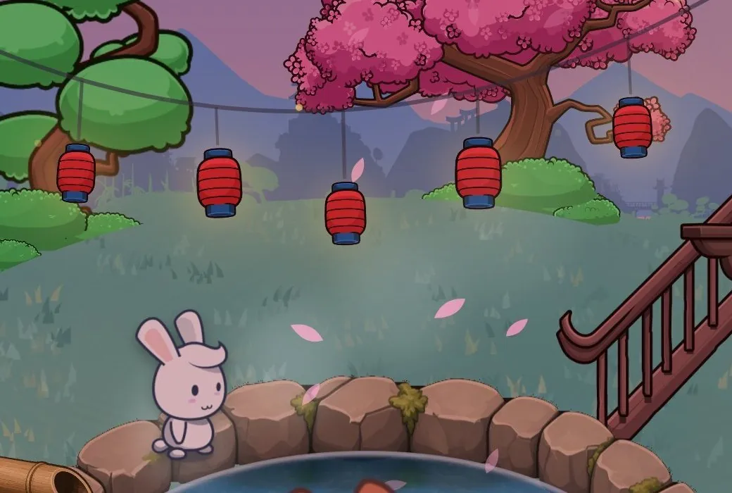 Close-up of the hot spring at dusk: pink cherry blossom, green trees and a string of red paper lanterns against a violet sky.
