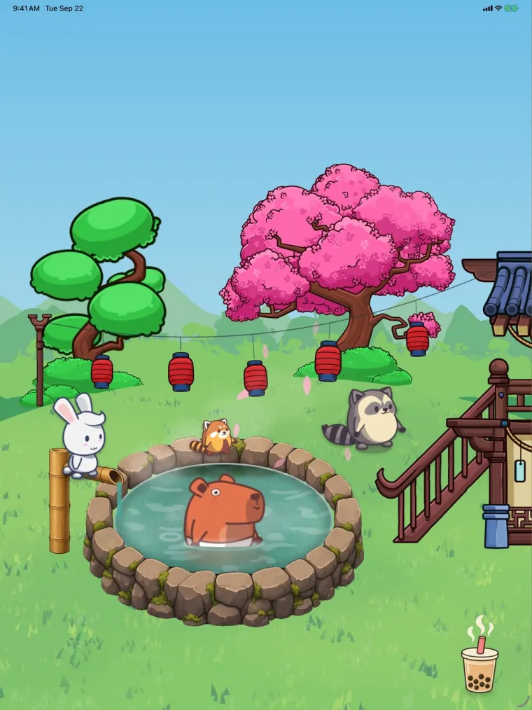 Bobara on iPad in daylight: Momo in the hot spring with Pomelo the rabbit, a red panda and a raccoon visiting.