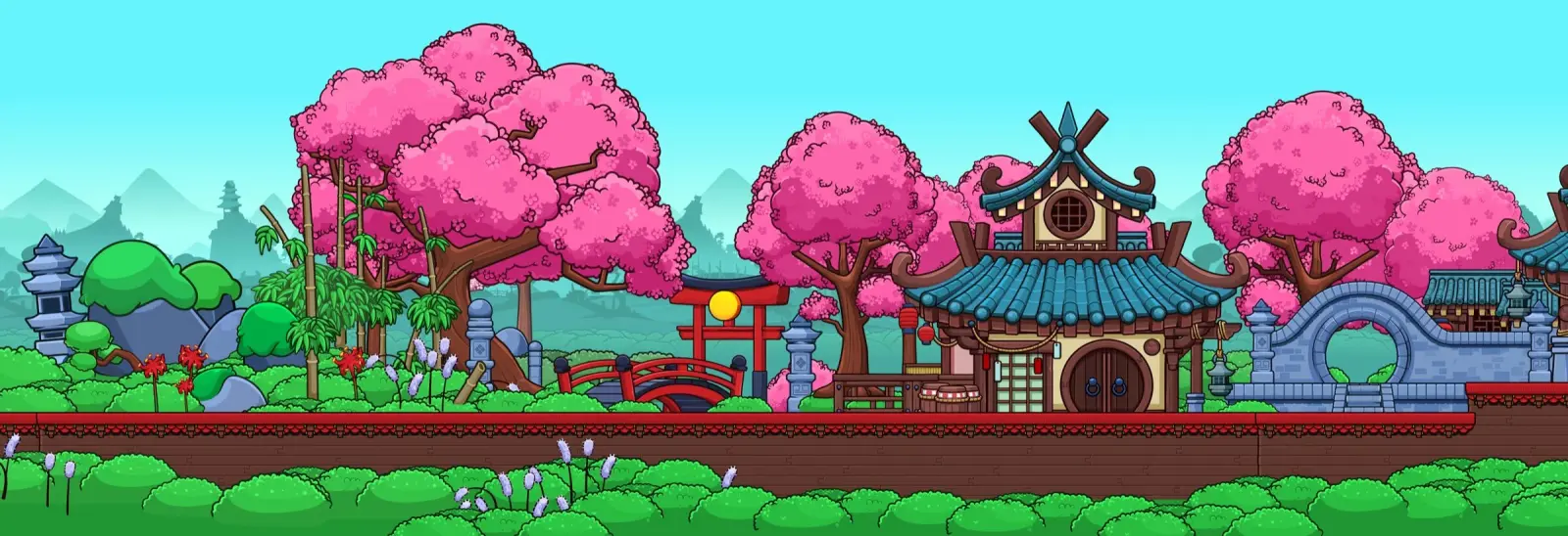 Momo&rsquo;s world: cherry trees, a red torii gate and bridge, and a tea house with a teal tiled roof, set in green hills.