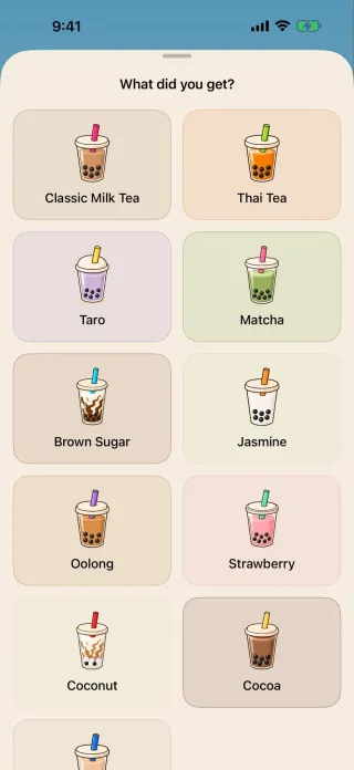 Bobara on iPhone, asking &lsquo;What did you get?&rsquo; above a grid of boba teas: Classic Milk Tea, Thai Tea, Taro, Matcha and more.