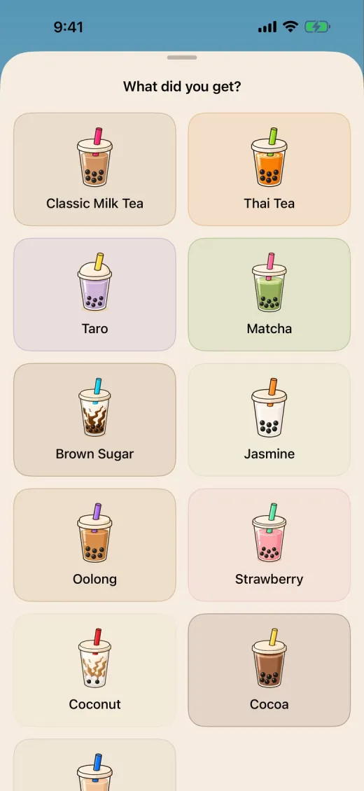 The check-in sheet on iPhone, asking &lsquo;What did you get?&rsquo; above a grid of boba teas.