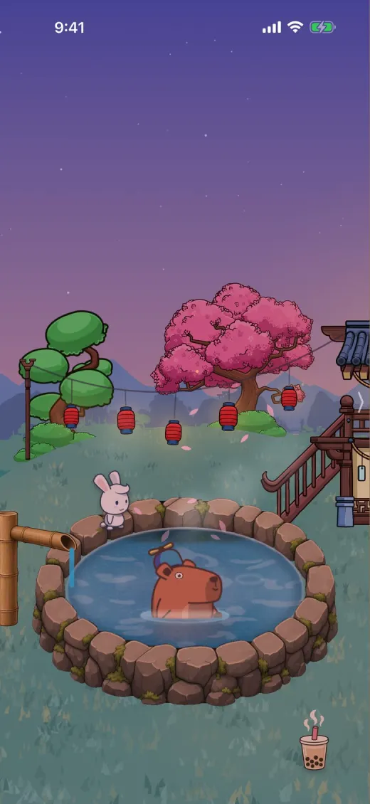 Bobara on iPhone at dusk: the hot spring with Momo in the water and a rabbit on the rim.