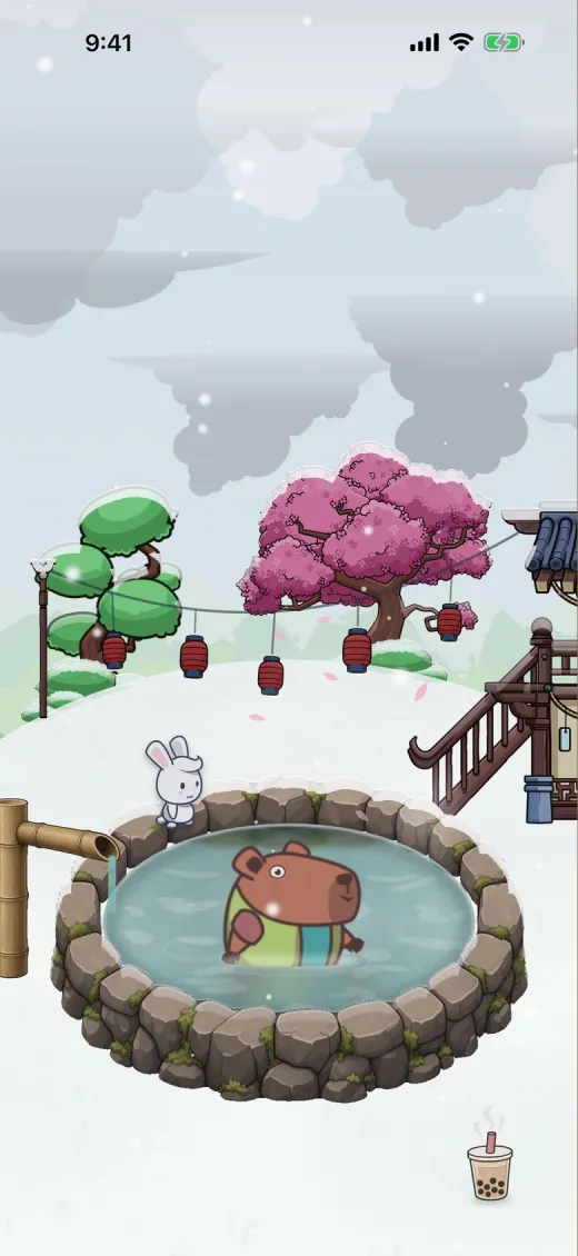 Momo soaking in the hot spring under snow, beneath a snowy cherry tree.
