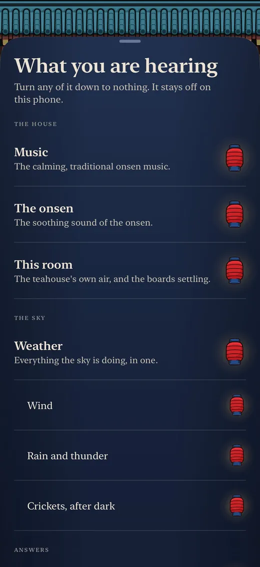 Bobara&rsquo;s &lsquo;What you are hearing&rsquo; sheet on iPhone, with a lantern to turn down each sound: Music, The onsen, This room, Weather, Wind, Rain and thunder, and Crickets, after dark.