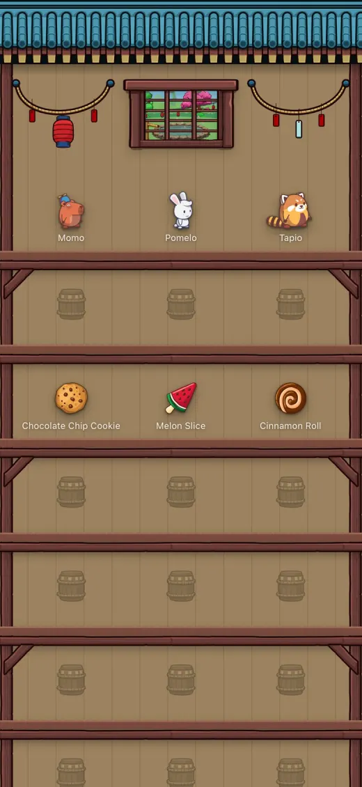 The teahouse on iPhone: shelves of the friends and treasures that have visited, beneath a window that looks out on the hot spring.