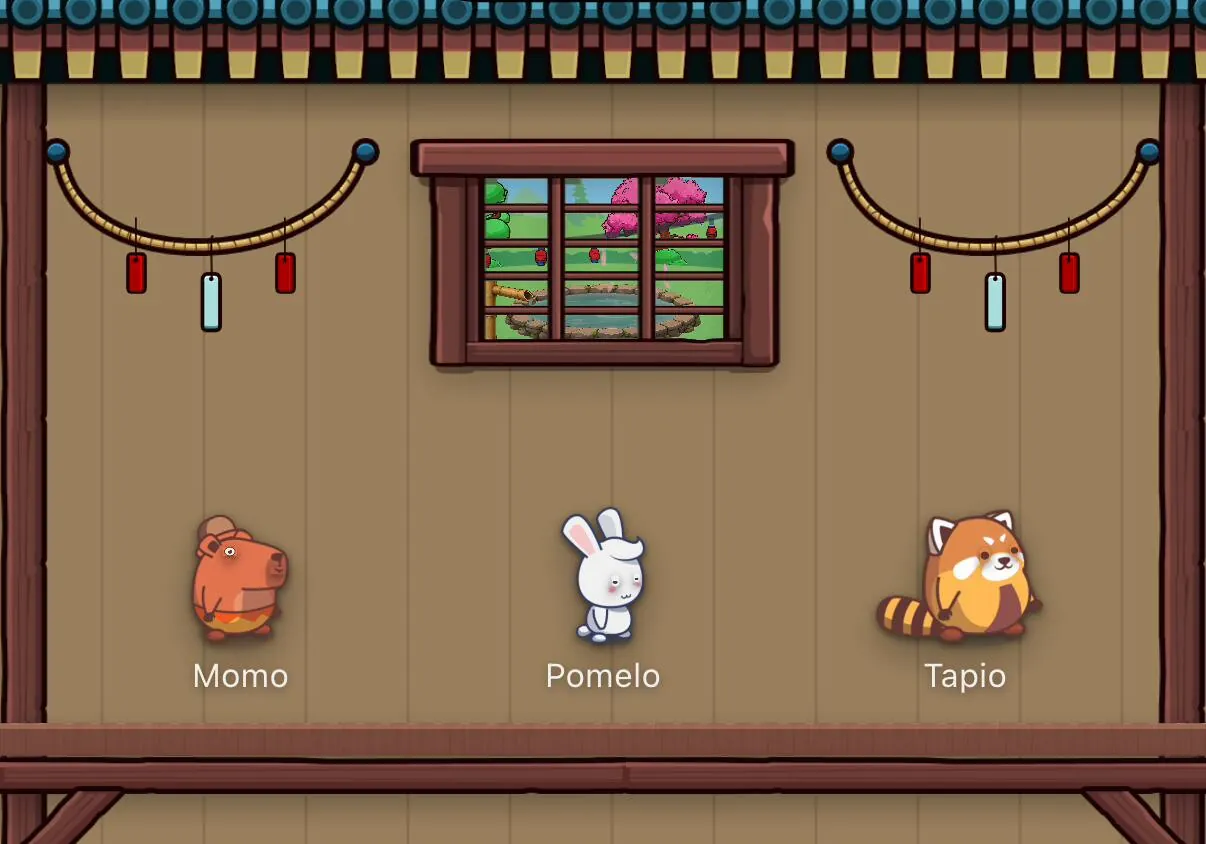 Inside the tea house: Momo the capybara, Pomelo the rabbit and Tapio the red panda stand in a row beneath a window full of cherry blossoms.