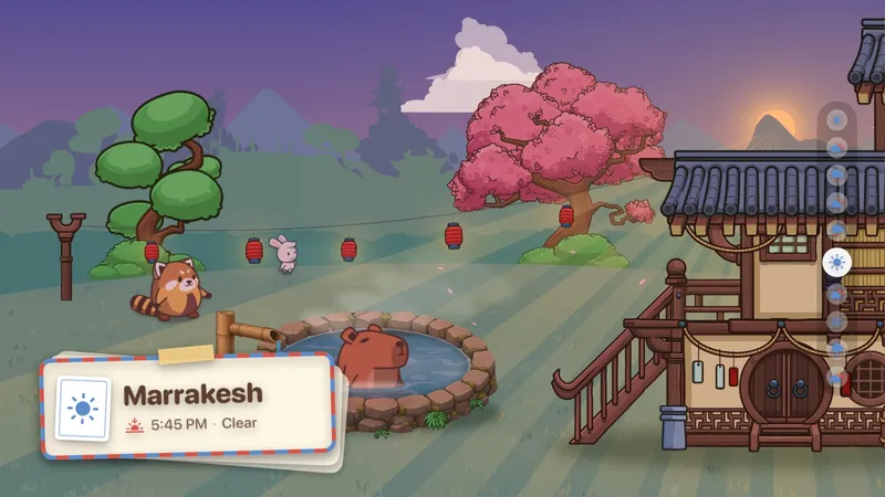 Bobara on Apple TV: a postcard reading Marrakesh, 5:45 PM, Clear, over the onsen at sunset, with a red panda and a rabbit on the lawn and the tea house to the right.
