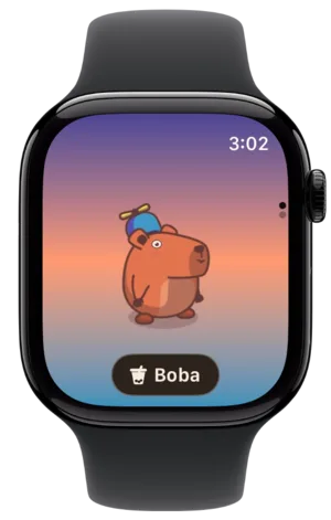 Bobara on Apple Watch: Momo against a sunset sky, above a Boba button.
