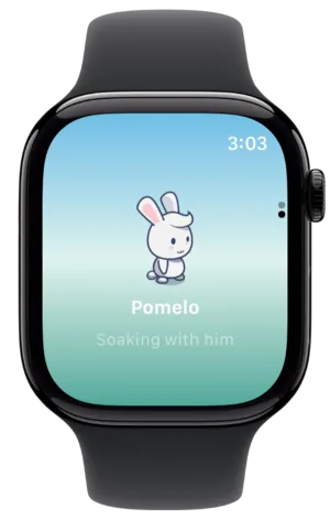 Bobara on Apple Watch: Pomelo the rabbit, &lsquo;Soaking with him&rsquo;, above an Everyone button.