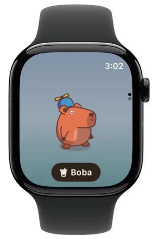 Bobara on Apple Watch in grey rain, with Momo above a Boba button.
