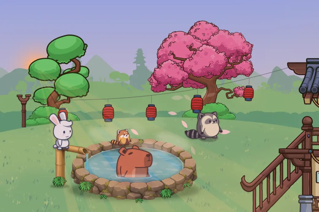 The hot spring at dawn: the sun just up beside the pine on the left, under a violet sky, with long rays of light slanting across the garden, Momo in the water, and a rabbit on the bamboo spout, a red panda on the rim and a raccoon on the grass.