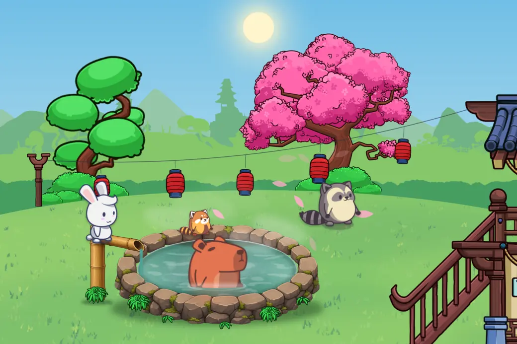A clear midday at the hot spring: bright green hills, a blue sky with the sun high above, Momo in the water, and a rabbit on the bamboo spout, a red panda on the rim and a raccoon on the grass.