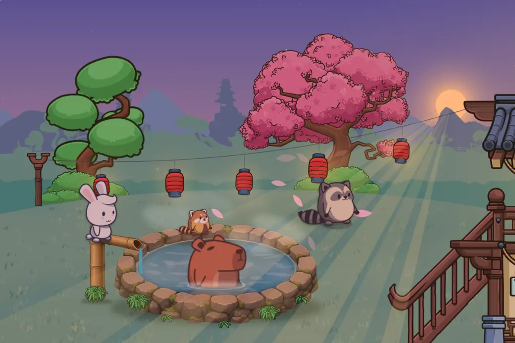 The hot spring at dusk, under a violet sky, with the sun setting on the right and its rays falling across the garden, and Momo in the water.