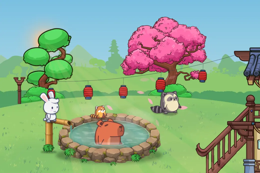 The hot spring on a clear morning: the sun a little higher on the left, behind the top of the pine, Momo in the water, and a rabbit on the bamboo spout, a red panda on the rim and a raccoon on the grass.