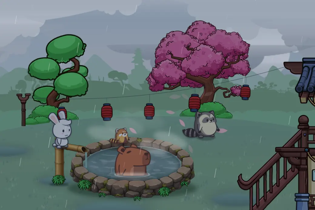 The hot spring in the rain: a low grey sky, rain falling across the garden, and steam rising off the water around Momo.