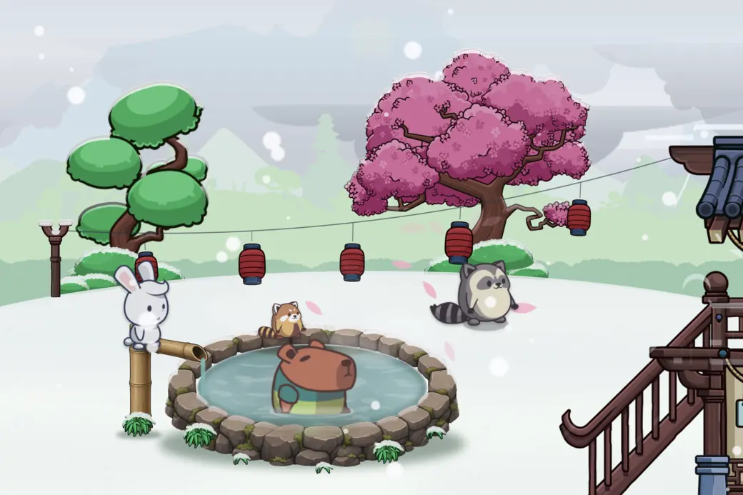 The hot spring in the snow: the ground white, snow falling and lying on the branches, and Momo keeping warm in the water.