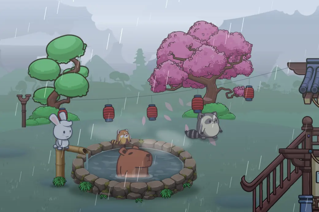 The hot spring in a thunderstorm: heavy rain driving down over Momo in the water, and the clouds lit pale for a moment by lightning.