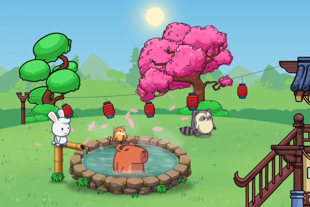 The hot spring on a windy, sunny day: the trees leaning, the lanterns swinging on their string, and cherry petals blowing across the garden.
