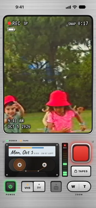 Flipcorder recording on iPhone: the viewfinder reads REC SP and SNAP 0:17 over children running in a park, dated OCT 5 2026, above the brushed-metal deck with the cassette labelled Mon, Oct 5, 29:57 left, and the big red key.