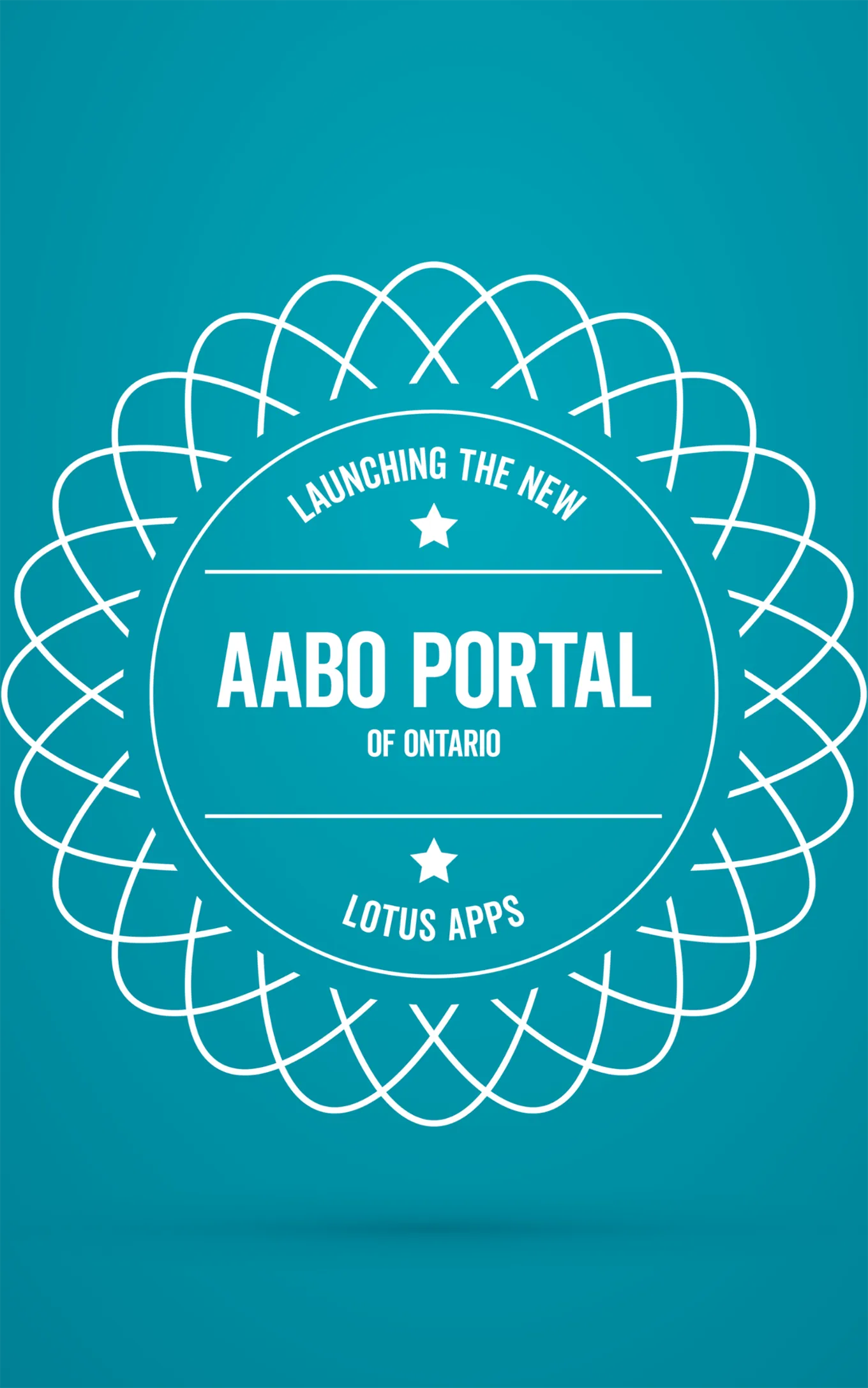 A teal banner reading "Launching the new AABO Portal of Ontario", with Lotus Apps below