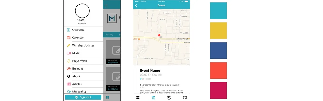 Two app screens, a navigation menu and an event with a map, beside the app's five-colour palette