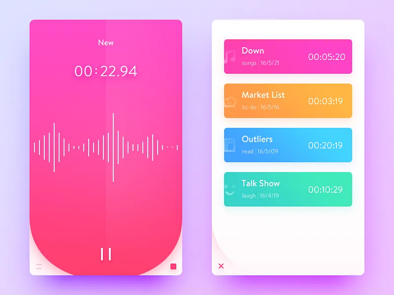 A voice memo app design: a pink recording screen with a waveform, beside a list of colour-coded recordings