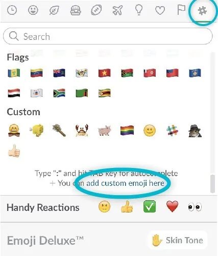 Slack's reaction picker with the custom emoji tab and the add custom emoji link circled