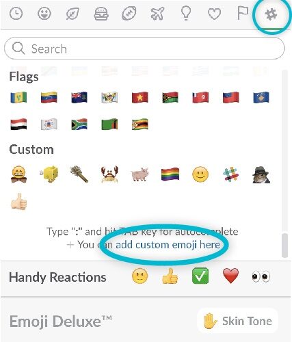 Slack's reaction picker with the custom emoji tab and the add custom emoji link circled