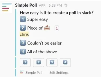 A finished Simple Poll asking how easy it is to create a poll in Slack, with one vote counted