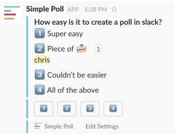 A finished Simple Poll asking how easy it is to create a poll in Slack, with one vote counted