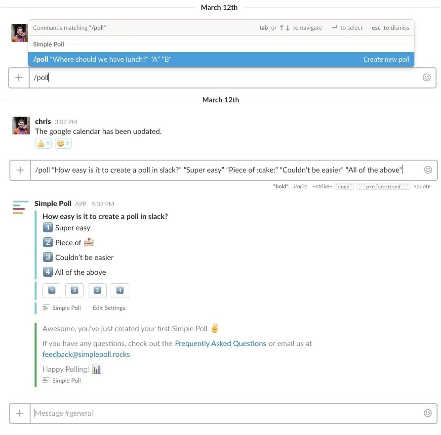 Typing a /poll command in Slack with a question and four answers in quotes, and the poll Simple Poll posts