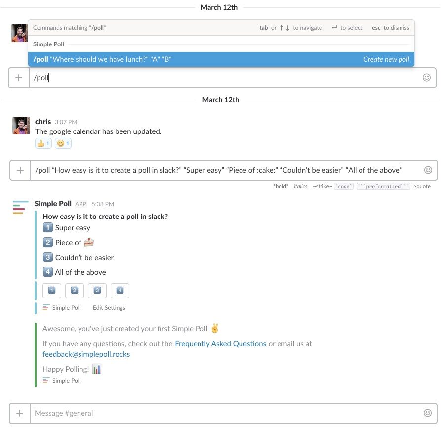 Typing a /poll command in Slack with a question and four answers in quotes, and the poll Simple Poll posts