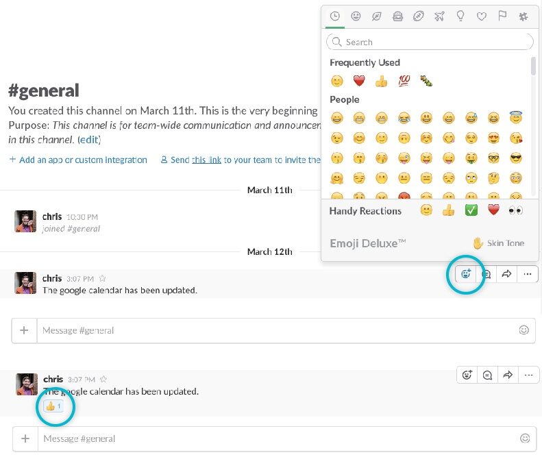 A Slack message with the reaction picker open, and the same message with a thumbs-up reaction added