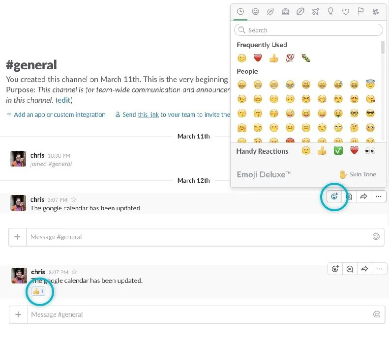 A Slack message with the reaction picker open, and the same message with a thumbs-up reaction added