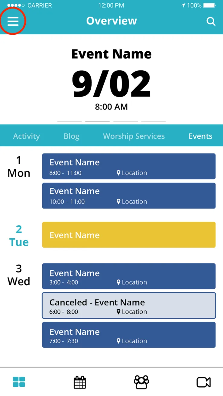 An app's event calendar screen with the hamburger menu icon circled in the top left