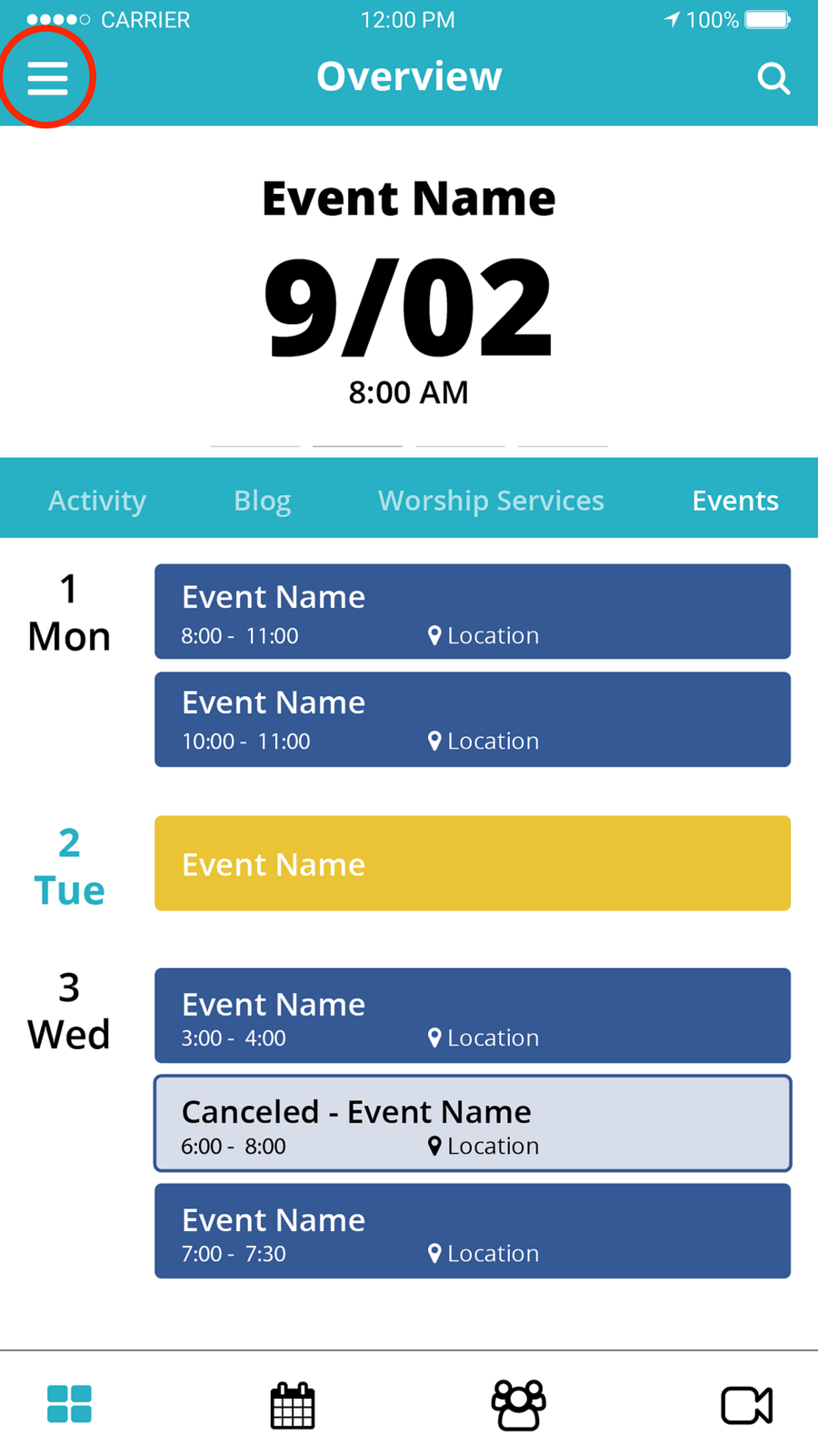 An app's event calendar screen with the hamburger menu icon circled in the top left