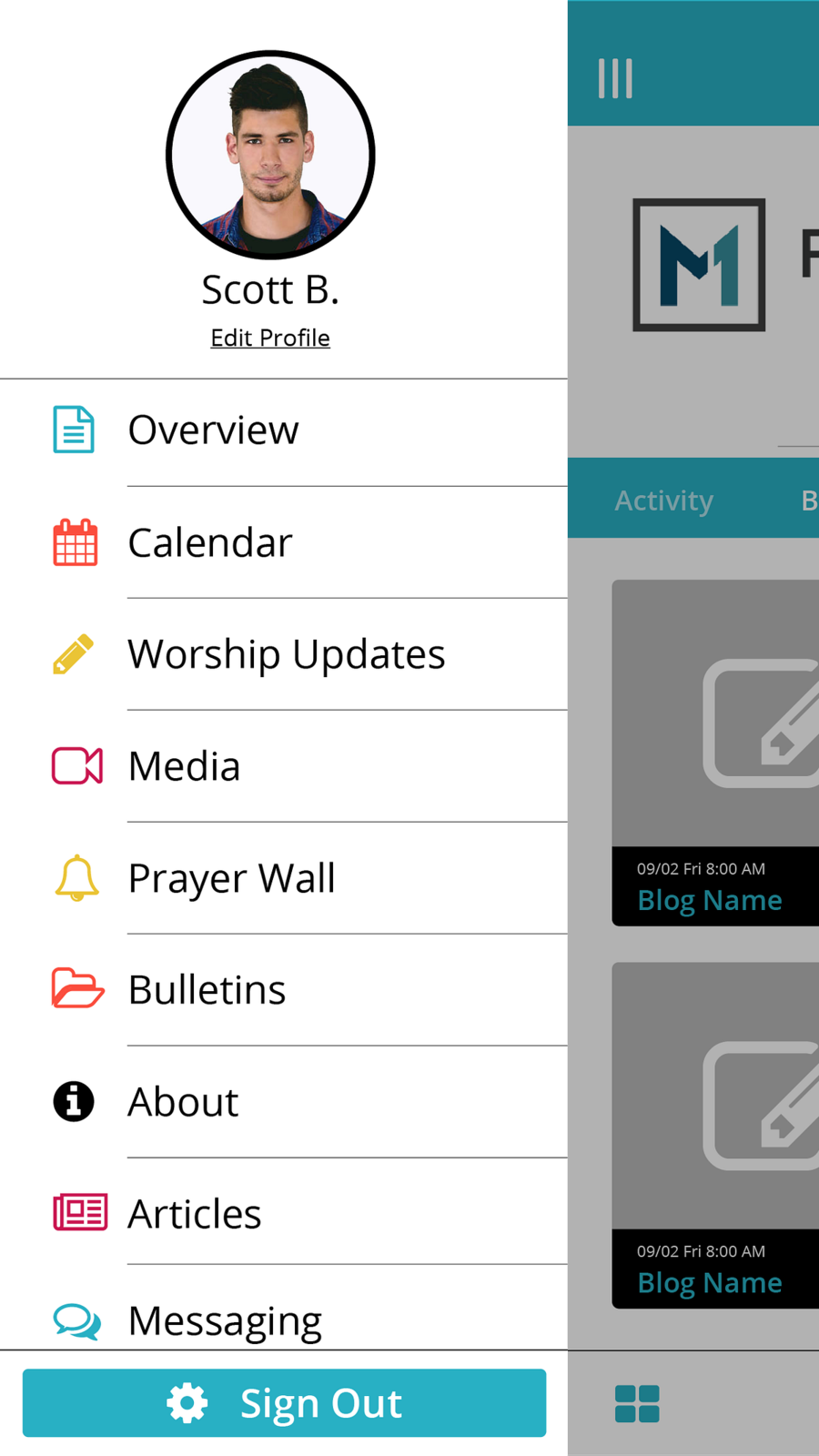 The same app with its sidebar menu open, listing Overview, Calendar, Media, Messaging and more