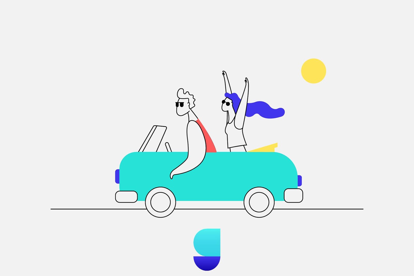 Illustration of two friends driving a convertible, with the Guzo logo