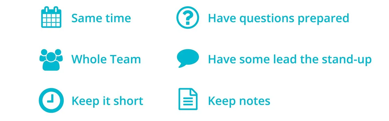Stand-up rules: same time, whole team, keep it short, have questions prepared, have someone lead the stand-up, keep notes